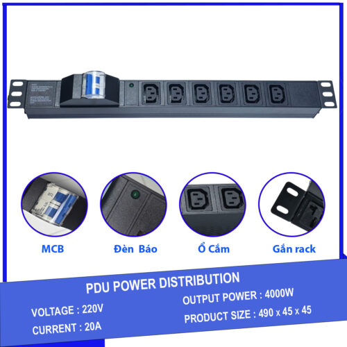 Thanh nguồn PDU 6 ổ cắm chuẩn C13 có APTOMAT MCB gắn rack 19"