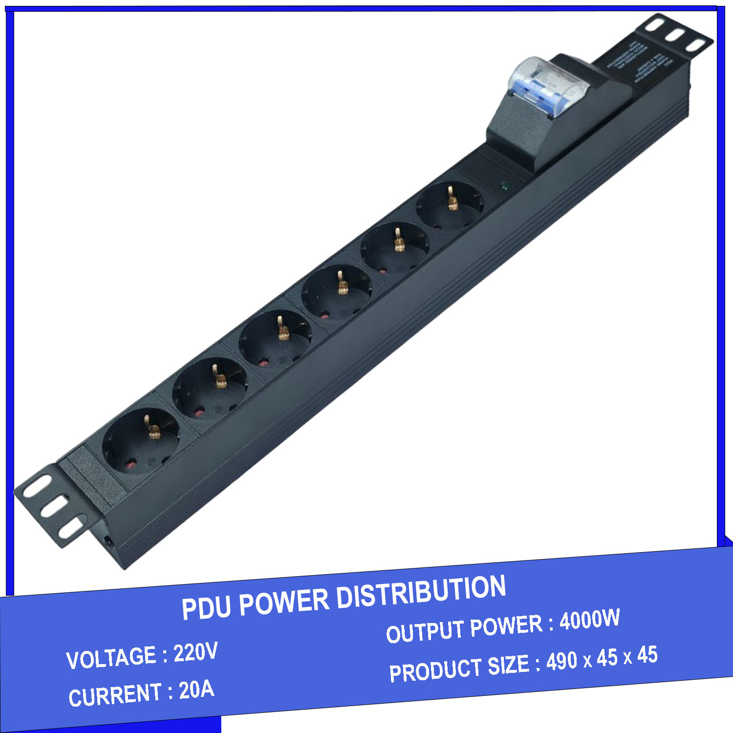 Thanh nguồn PDU 6 ổ cắm chuẩn châu âu có MCB gắn rack 19"