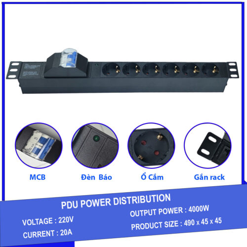 Thanh nguồn PDU 6 ổ cắm chuẩn châu âu có MCB gắn rack 19"