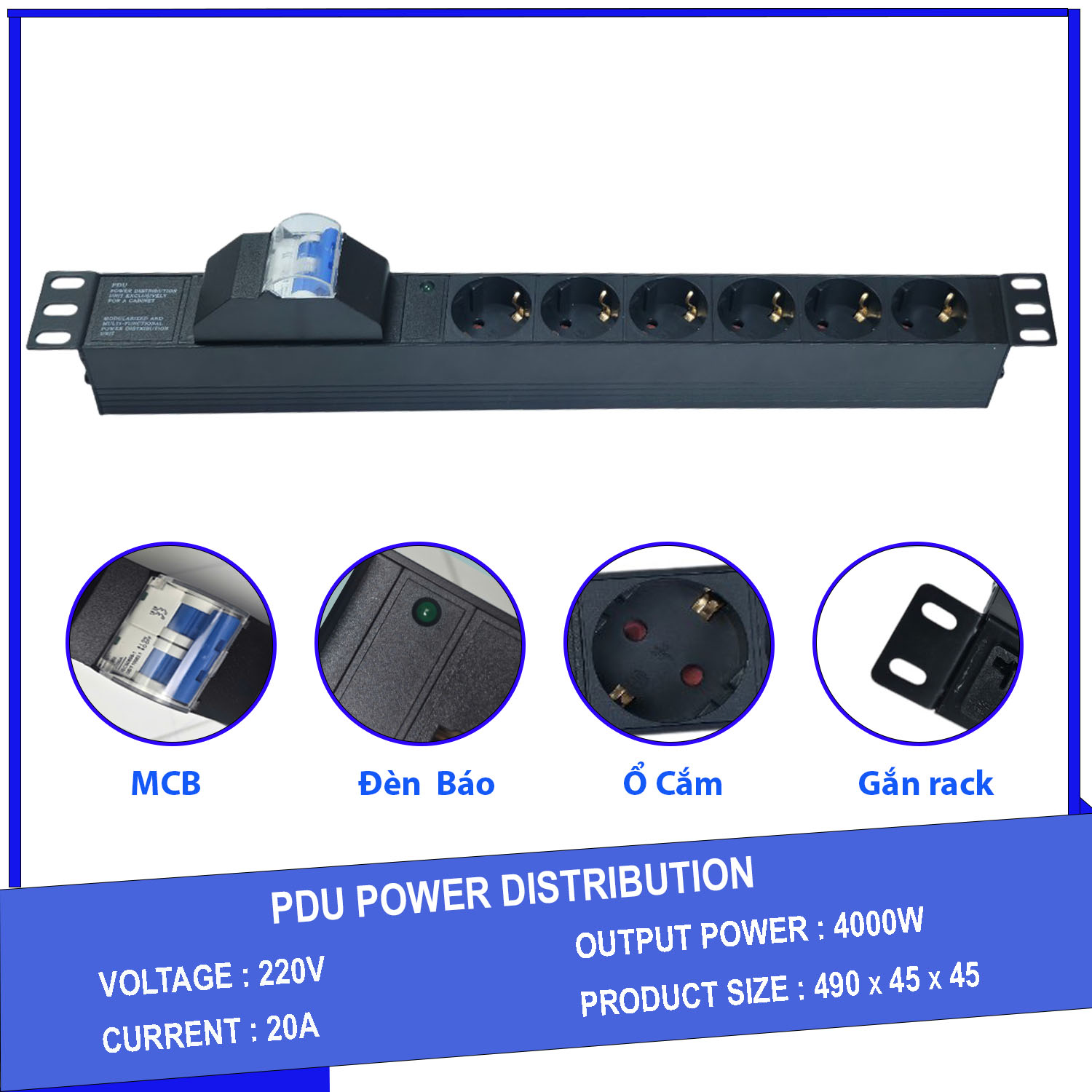 Thanh nguồn PDU 6 ổ cắm chuẩn châu âu có MCB gắn rack 19"