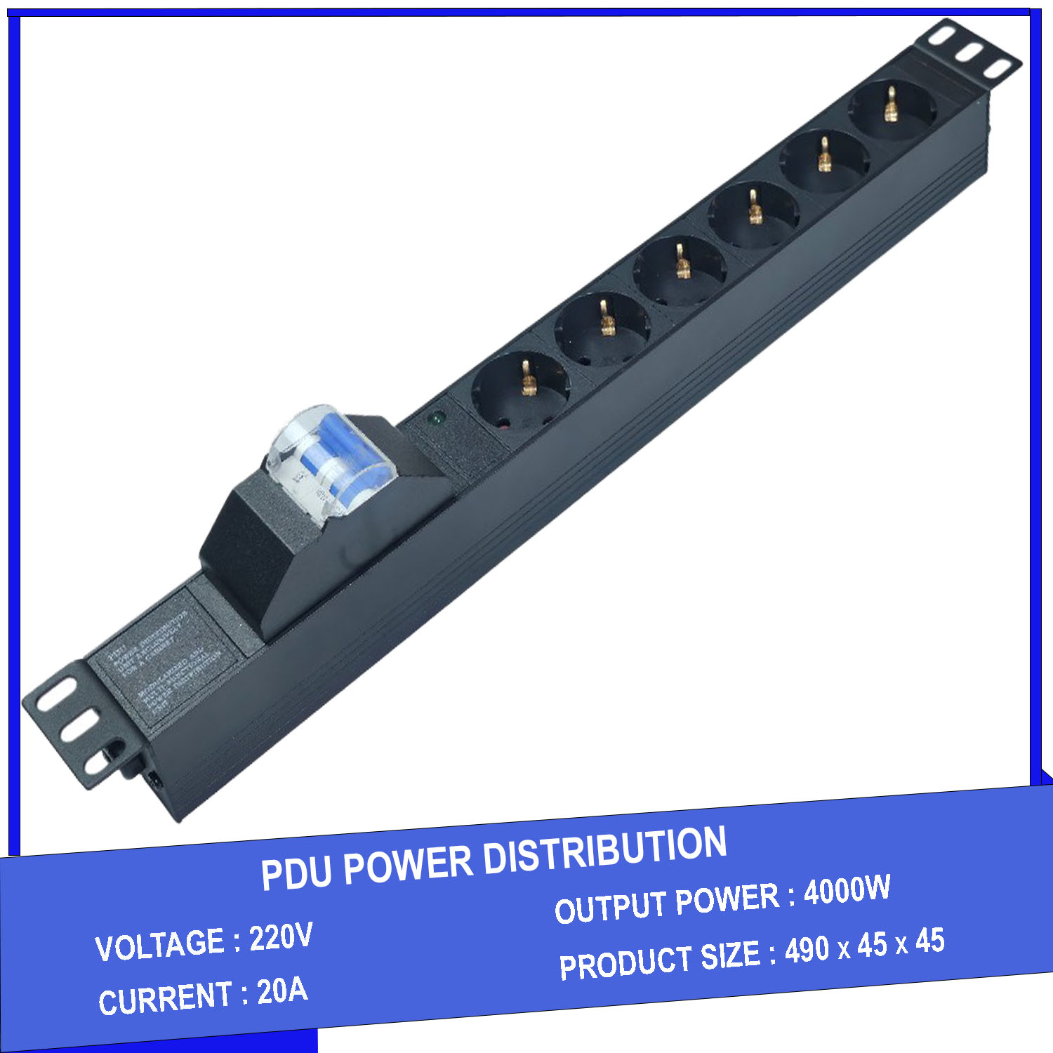 Thanh nguồn PDU 6 ổ cắm chuẩn châu âu có MCB gắn rack 19"
