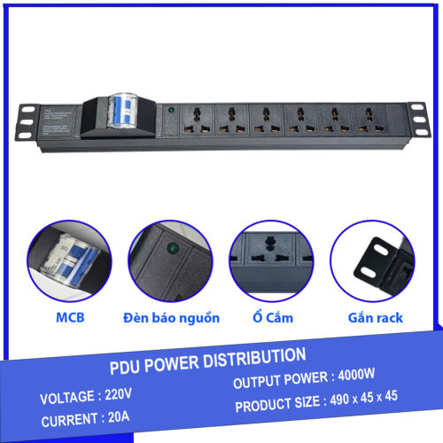 Thanh nguồn PDU 6 ổ cắm chuẩn châu âu có MCB gắn rack 19"