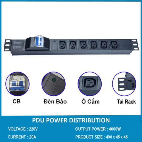 Thanh nguồn PDU 6 ổ cắm chuẩn C13 có APTOMAT MCB gắn rack 19"