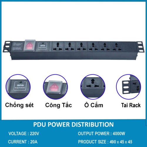 Thanh nguồn PDU 6 ổ chống sét ( SPD Surge Protector ) 1U gắn rack 19"