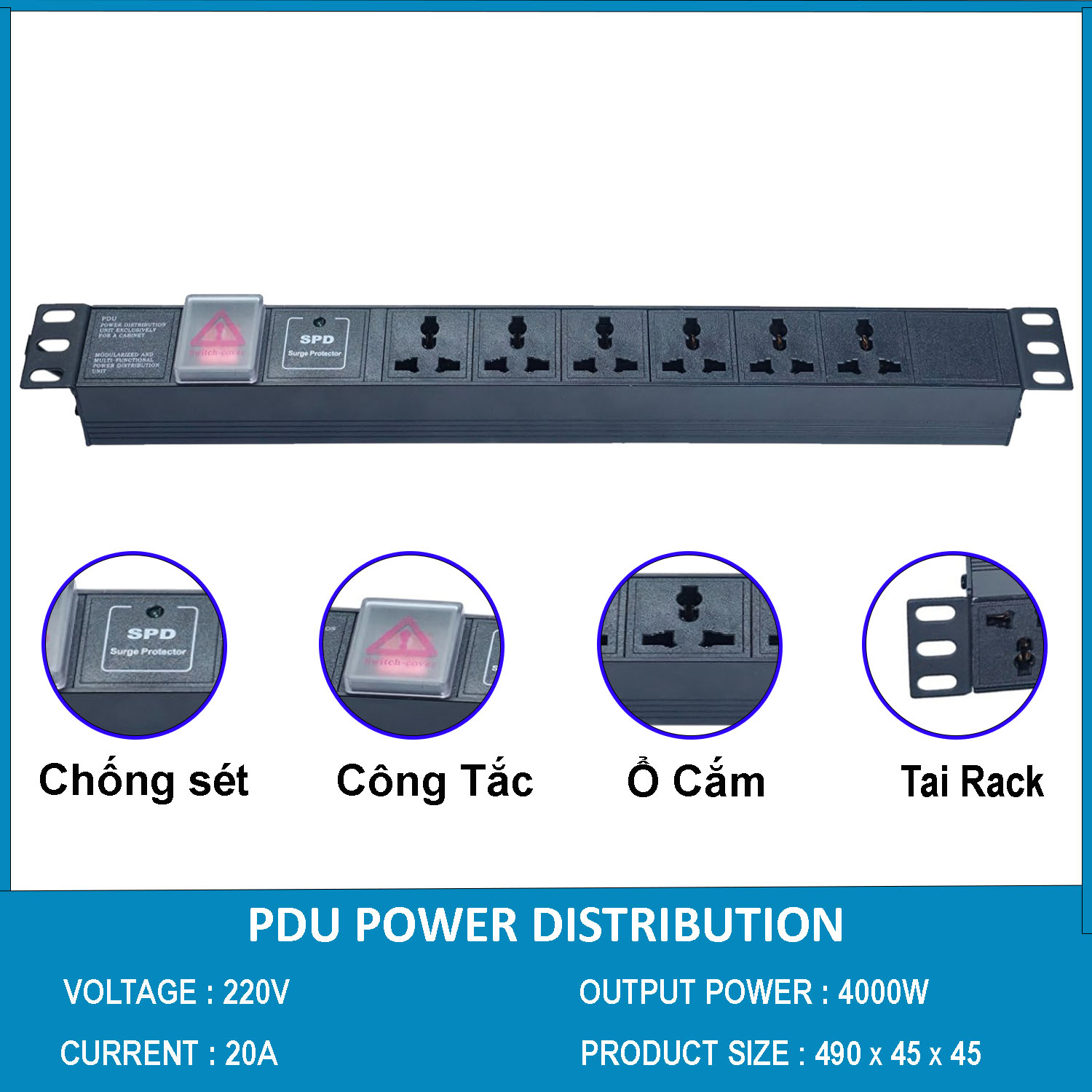 Thanh nguồn PDU 6 ổ chống sét ( SPD Surge Protector ) 1U gắn rack 19"
