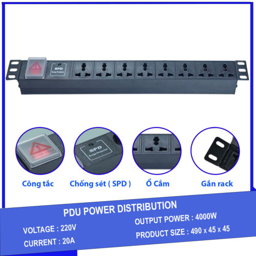 Thanh nguồn PDU 8 ổ chống sét ( SPD Surge Protector ) 1U gắn rack 19"