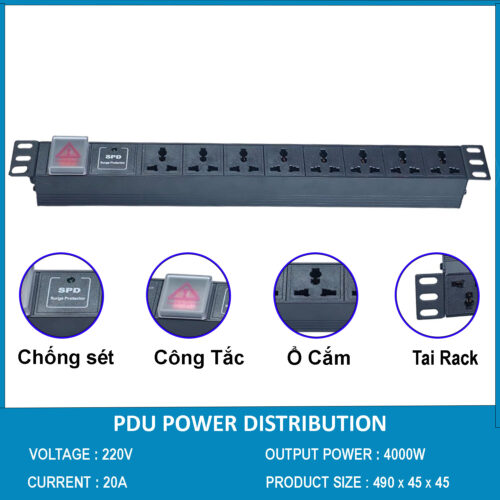 Thanh nguồn PDU 8 ổ chống sét ( SPD Surge Protector ) 1U gắn rack 19"