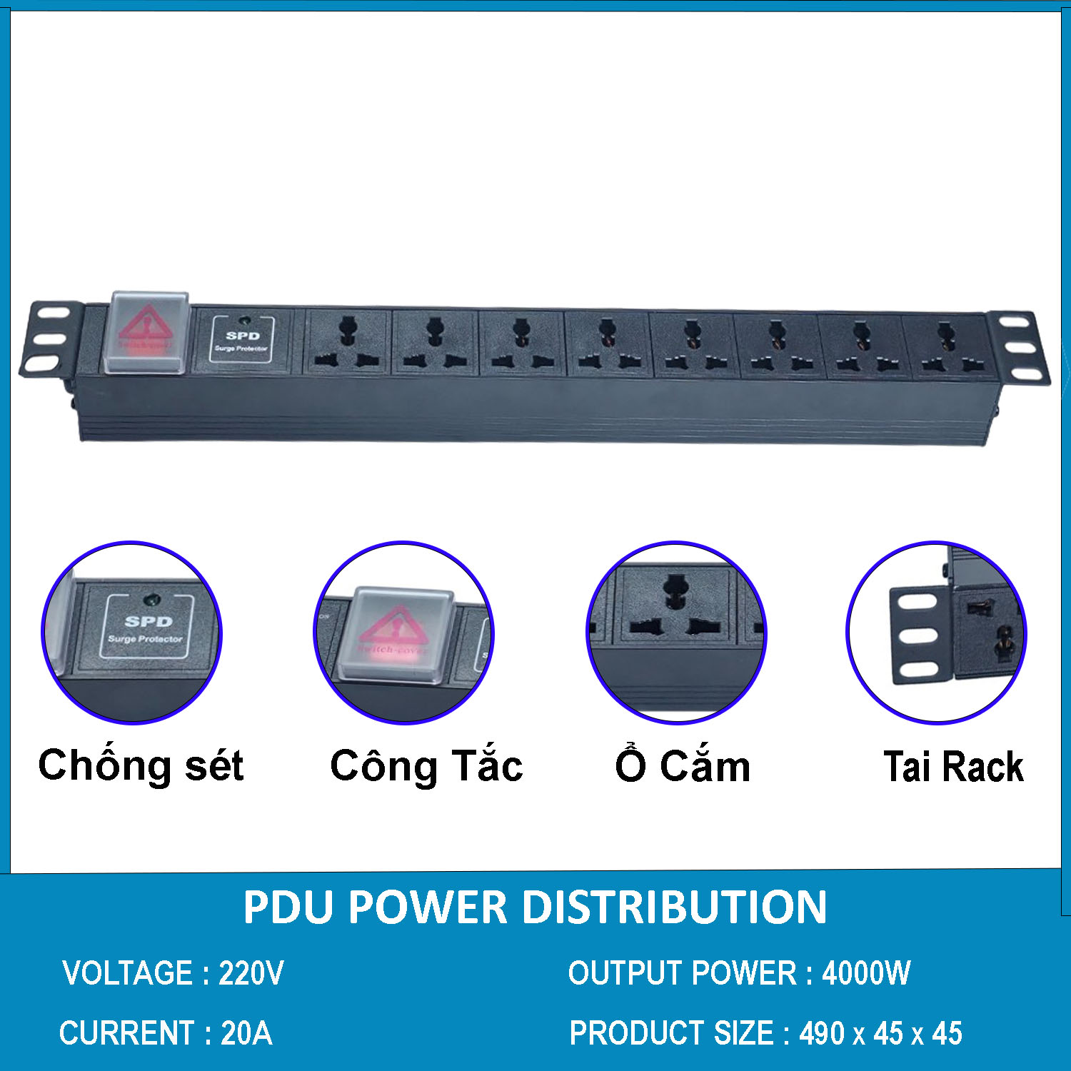Thanh nguồn PDU 8 ổ chống sét ( SPD Surge Protector ) 1U gắn rack 19"