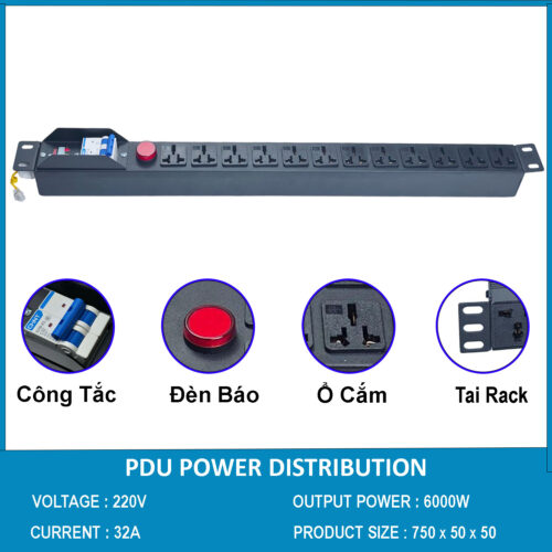 Ổ cắm điện, Thanh nguồn PDU 12 ổ đa dụng có APTOMAT MCB 32A dây dài 1.5M