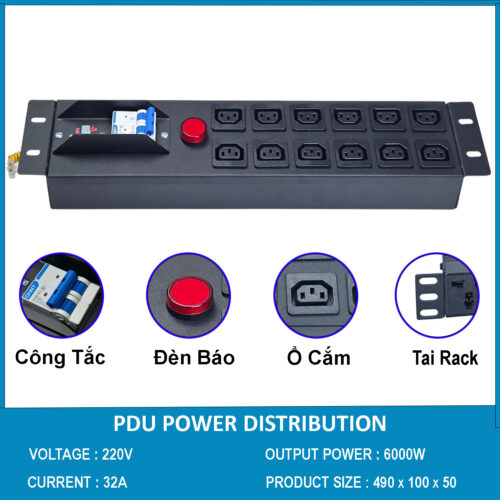 Ổ cắm điện, Thanh nguồn PDU 12 ổ cắm chuẩn C13 2U gắn rack 19″