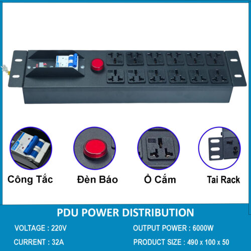 Ổ cắm điện, Thanh nguồn PDU 12 ổ cắm đa dụng có MCB 2U gắn Rack 19"