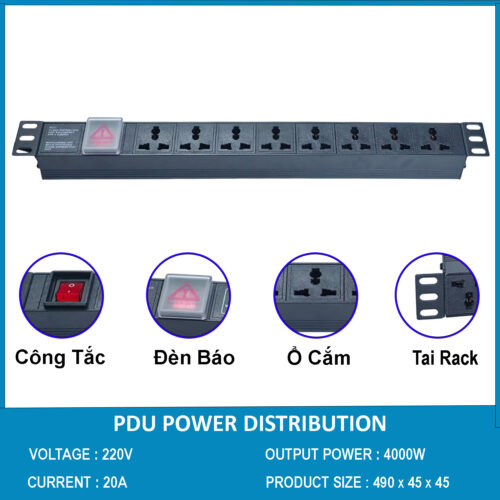 Ổ cắm điện, Thanh nguồn PDU 8 ổ cắm đa dụng 1U gắn rack 19″